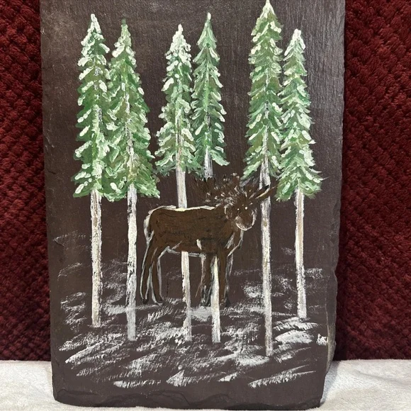 Door Decor, Rustic Welcome Sign, Outdoors Trees Moose Slate Art. 16x8. Bn, Green - Picture 2 of 6